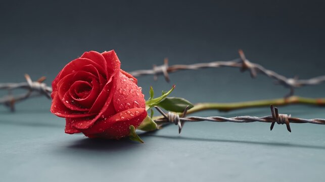 Red rose with water droplets positioned on a surface surrounded by barbed wire, creating a striking contrast between beauty and danger in a minimalist setting