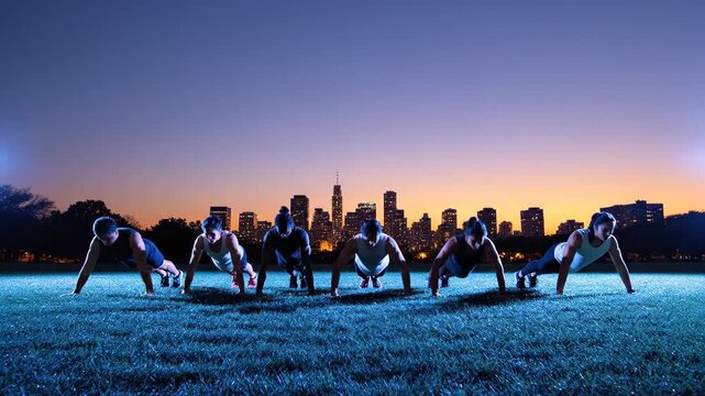 a diverse fitness group performing synchronized push-ups in a city park. Features the transition from blue hour to sunrise with a soft urban skyline, emphasizing health, routine, and morning disciplin