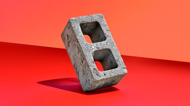Concrete block with two rectangular holes positioned at an angle on a vibrant red surface against a gradient background of orange and red hues