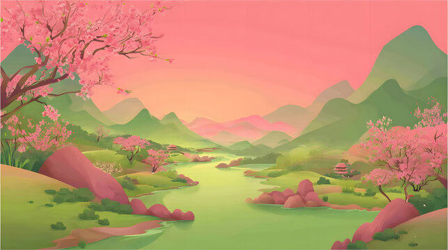 Pink cherry blossoms framing a serene mountain valley at sunrise