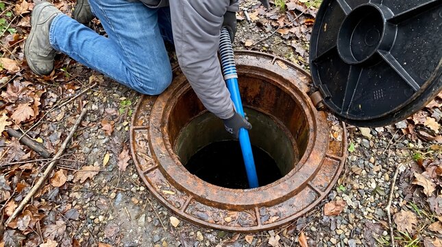 A worker in casual clothing is inspecting a sewer hole outdoors