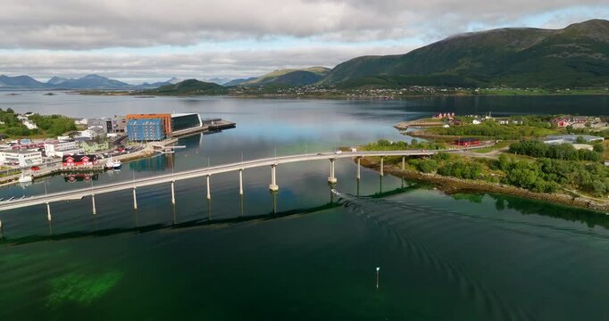 Drone view of bridge between Hadseloya and Boroya with Hurtigruten museum behind