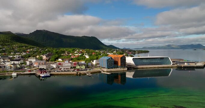 Reflection of Norwegian Coastal Express Museum at Richard Withs plass, aerial