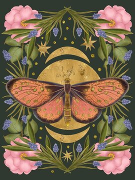 Magical botanical pattern with a moth, golden crescent moon, and dahlia flowers. Symmetrical folk art on dark background