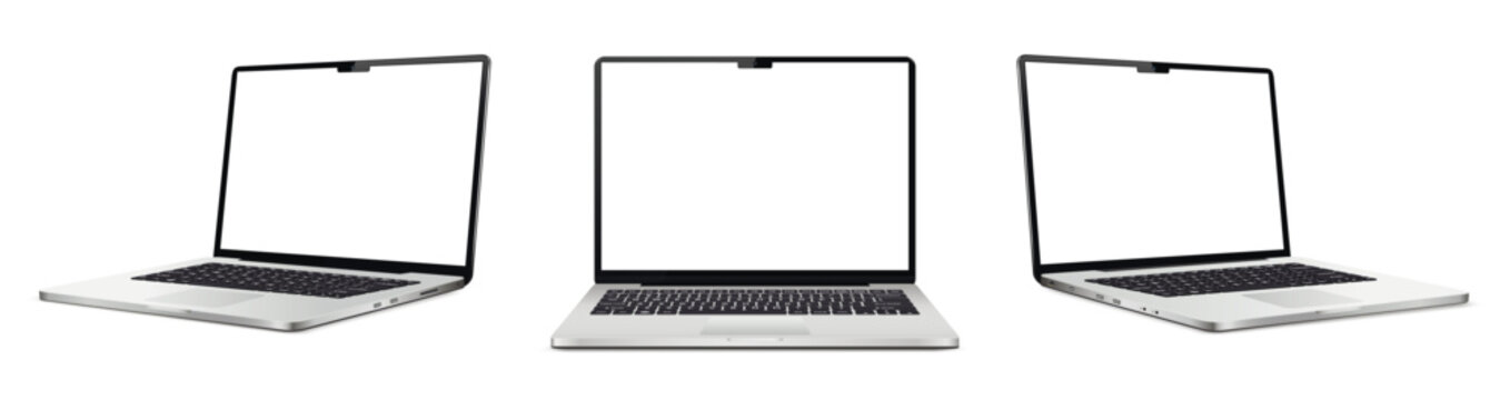 Realistic laptop mockup with blank screen isolated on white background, perspective laptop mock up different angles views