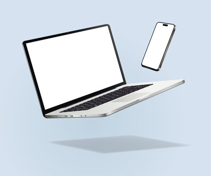 Falling laptop and smartphone mockup isolated