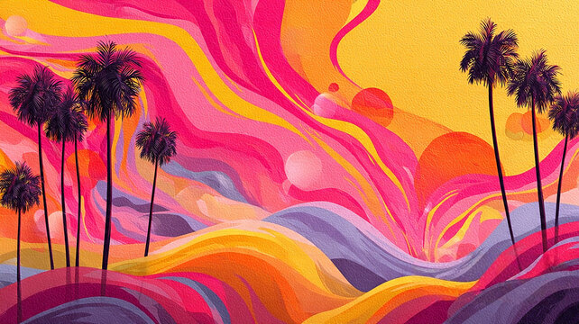Abstract Desert Landscape with Palm Trees and Gold Accents, Vibrant Pink and Orange Sky 