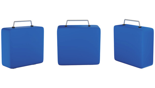 Blue Briefcases Trio: Three identical blue briefcases, each viewed from a different angle, showcase the modern and clean design of a tool, luggage, or business asset.