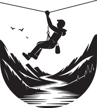 Adventurer zip-lining above a serene canyon landscape with birds in the sky
