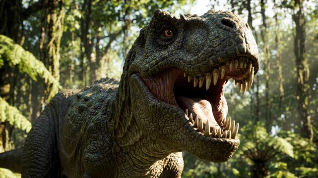 Majestic Tyrannosaurus Rex Roaring Ferociously In A Lush Jungle Environment With Sunlight Rays Breaking Through The Canopy Ancient Predator.