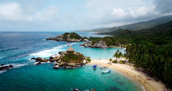 Scenic tropical white sand beaches and turquoise water of Tayrona National Park