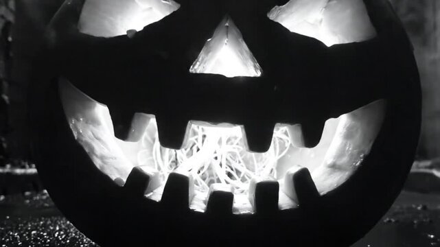 Spooky jack o lantern lit with internal light and smoking in a wet alleyway for a Halloween horror scene
