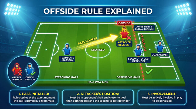 Offside rule graphic explains soccer positioning. Football infographic shows passer, receiver, second-to-last defender, goalkeeper, offside line for sports education, fan learning, coaching aid