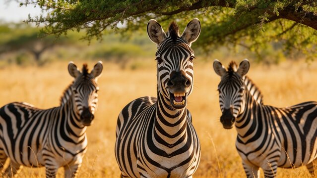 Three zebras in a grassy savanna