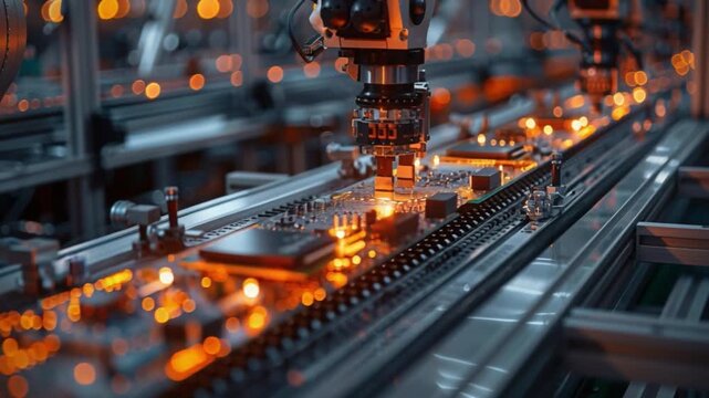 Sophisticated robotic equipment is precision-assembling electronic circuit boards on a moving conveyor belt, amidst warm orange lighting within a state-of-the-art automated manufacturing facility