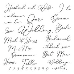 Obraz premium Handwritten Wedding words vector set, Vector wedding script, Our wedding vector words, Wedding Quotes, Vector Wedding Designs, Wedding sign set