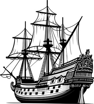 Vintage tall ship galleon black and white illustration