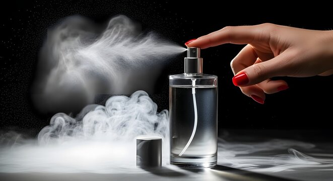 Hand spraying perfume bottle with mist
