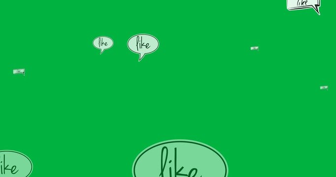 Digital animation of like text on retro speech bubbles floating against black background