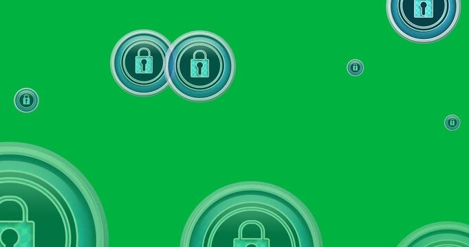 Digital animation of multiple blue security padlock icons floating against black background