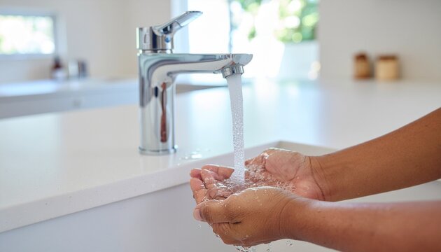 Hands turning off a faucet to save water at home