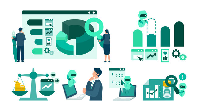 AI-powered budget marketing illustration set featuring business people optimizing ad spend through data analysis and strategic planning for professional workflow optimization and ROI growth