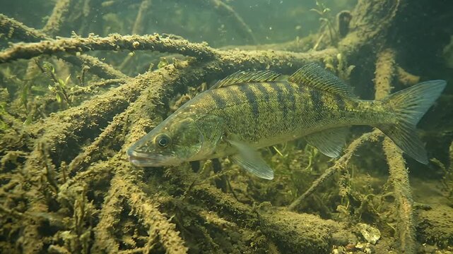 Underwater scene with gar fish among submerged branches.