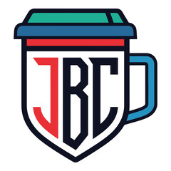 Colorful shield shaped coffee mug with letters JBC on white background icon © designer_hubs