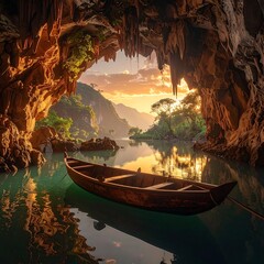 Fototapeta premium A serene wooden boat floats in a tranquil turquoise lagoon surrounded by majestic limestone cliffs and lush greenery at sunset