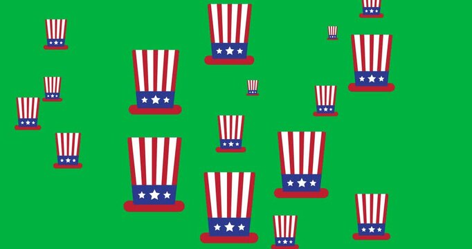 Digital animation of american flag design over hat icons against black background