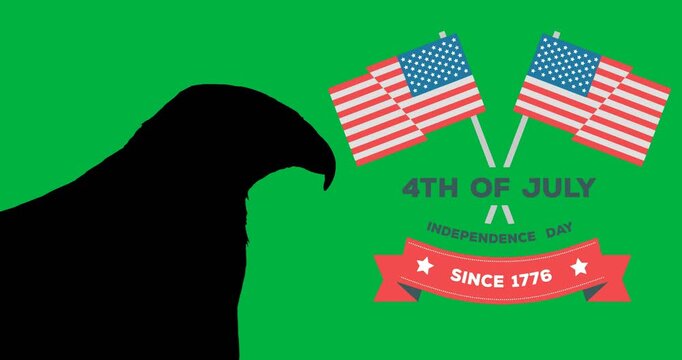 Digital animation of independence day text banner and american flag icons against black background