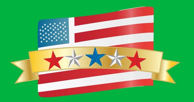 Multiple stars icons on golden ribbon against american flag icon on black background