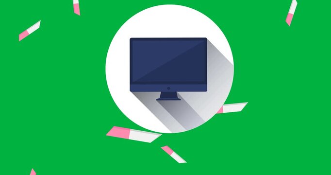 Digital animation of computer icon and multiple eraser icons falling against black background