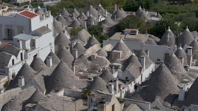 Traditional Trulli Rooftops, Aerial Shot of Unique Conical Roofed Houses of Alberobello in Puglia, Italy. Sunny Day.
