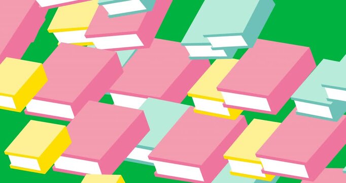 Digital animation of multiple multicolor books icons against black background