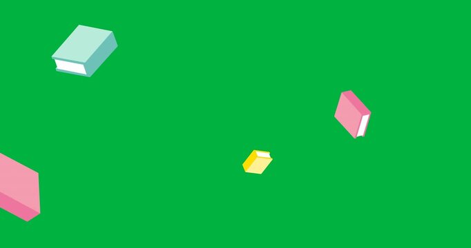 Digital animation of multiple colorful book icons floating against black background