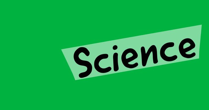 Digital animation of science text over white banner against black background