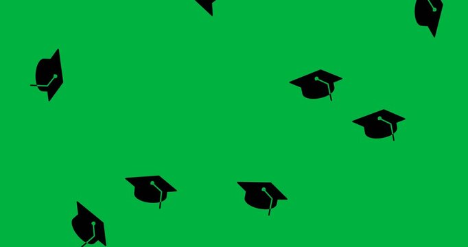 Digital animation of multiple graduation cap icons falling against white background