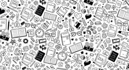 Obraz premium Black and white icons, seamless pattern, business doodles, office supplies, technology symbols