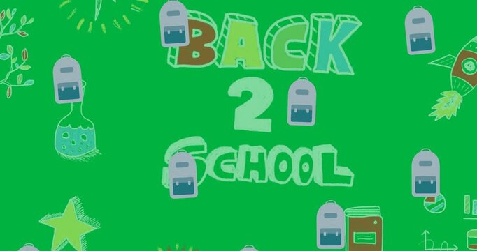 Digital animation of multiple school bag icons against school concept icons on black background