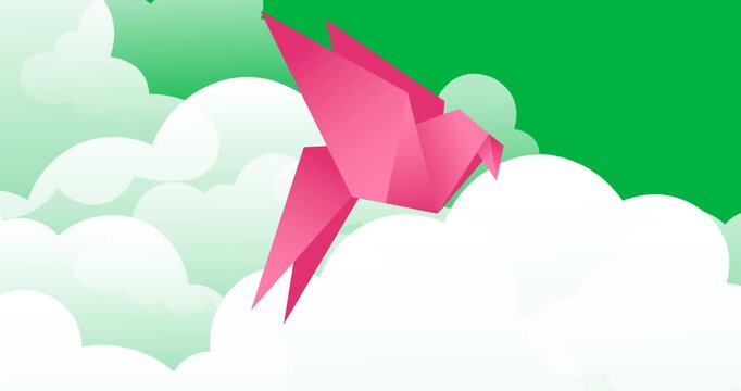 Digital animation of pink paper bird icon flying against clouds icons on black background