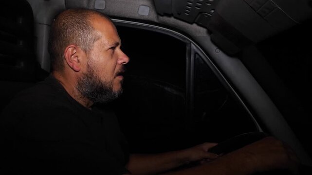 Exhausted delivery driver almost falls asleep while driving at night but recovers control. The scene highlights extreme fatigue and road danger.