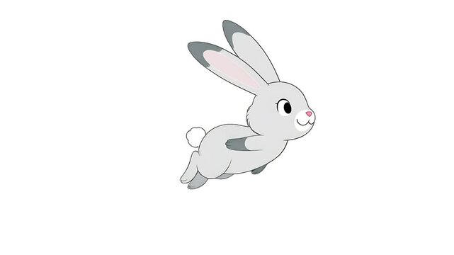 A cute rabbit in full flight, captured in a delightful cartoon style. It has grey fur, long ears, and a playful expression, evoking a sense of joy and movement.
