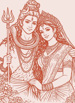 Sketch or Drawing of Shiva Parvati Outline Editable Vector Illustration