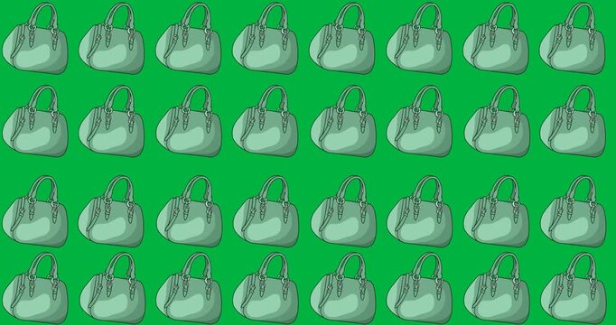 Digital animation of multiple green female handbag icons in seamless pattern on black background