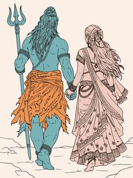 Sketch or Drawing of Shiva Parvati Outline Editable Vector Illustration