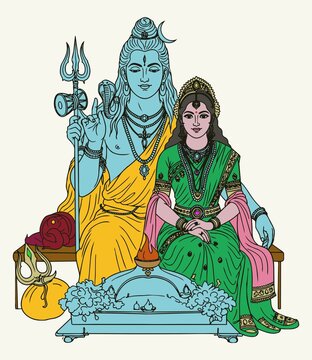 Sketch or Drawing of Shiva Parvati Outline Editable Vector Illustration