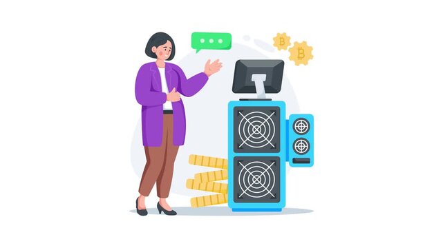 A high quality flat animated illustration of bitcoin mining hardware setup
