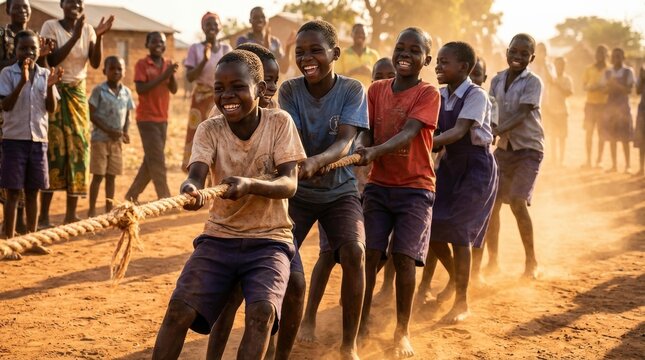 Joyful African Children Playing Tug-of-War in Golden Hour Village Setting