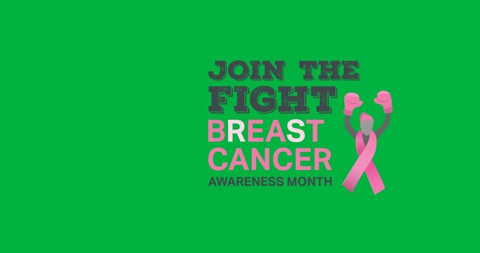 Join the fight text banner with pink ribbon over female boxer icon against black background